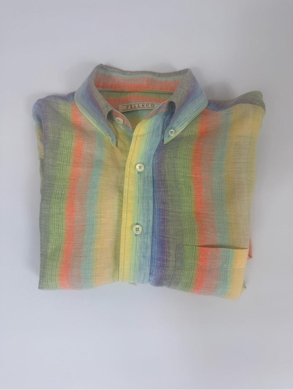 Pell & Co. Button Down Shirt & Collar 100% Linen Multicolor Pastels Rainbow